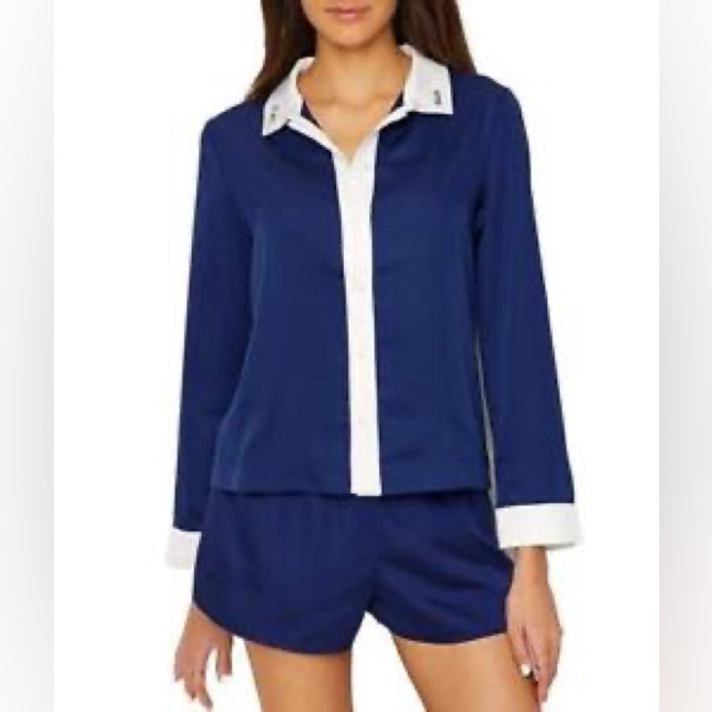 Kate‎ Spade Women’s Pj top Collared “Cat Nap” Embroidery Size S Navy